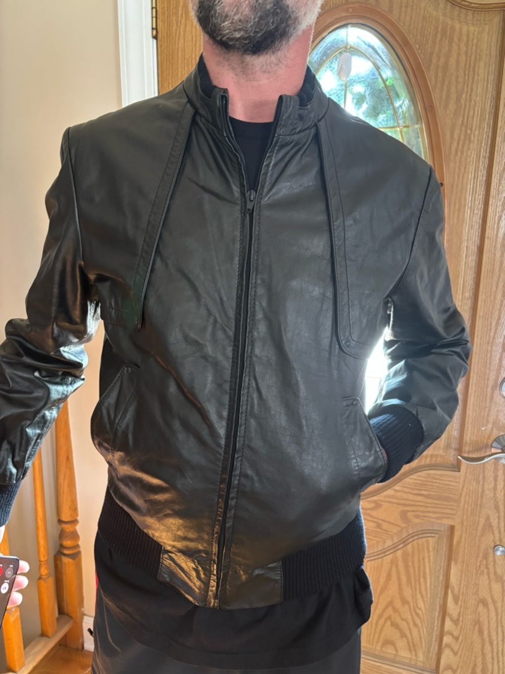 Men's chessking Black Leather Zip-Front Bomber Jacket Sz 40